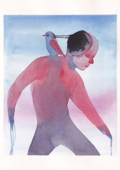 Dessin à l'aquarelle. Un personnage sans main, un oiseau posé sur son épaule. Tous deux connectés par des fils noirs