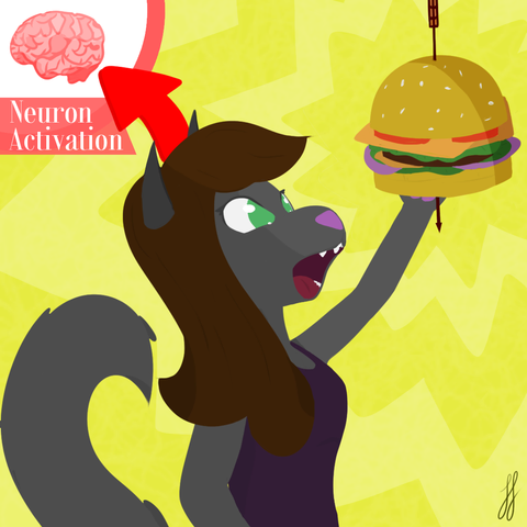 A mostly lineless art piece of an anthro gray wolf with green eyes, brown hair, and a purple tank top. She is holding a comically oversized cheese burger with lettuce, tomato, and onions in her left paw. There is a giant cocktail pick keeping it together, and she is staring at it with her mouth wide open in awe. To the top left of her head, there is a large red arrow that is pointing to a white circle, which has an image of a brain inside of it. Under the brain, there is a red textbox with white text which reads: Neuron Activation. The backdrop is a bright and spiky series of alternating overlapped yellow stars, with it's center focused on the burger.
