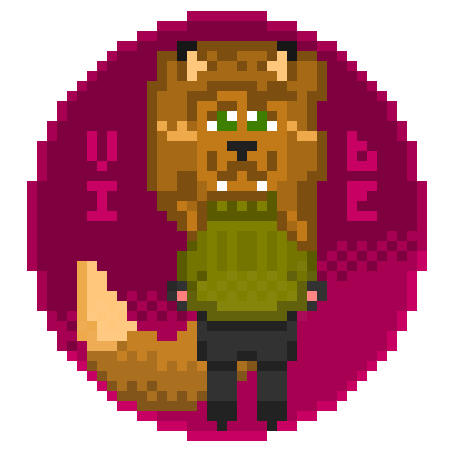 A pixel art androgenous anthro fox within a circle. They are wearing a green turtleneck sweater, have shoulder-length brown hair, and are smiling, looking at the viewer. There are letters on either side of them which spell out the word 'vibe.'