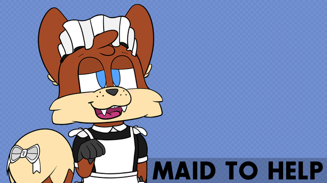 Foxfire, an anthro red fox with reddish-brown fur, blue eyes, cream colored muzzle and tail tip. He is smiling mouth open, looking at the viewer, with his eye lids halfway closed. He is wearing a cliché maid outfit design: a black dress with a frilly white apron, a white curvy headband, and a white bow on his tail. Behind him is a checkerboard blue empty backdrop, with text at the bottom right which reads: MAID TO HELP. This is a pun on maid, the profession, versus made, as in 'created for' or 'commanded to'. 