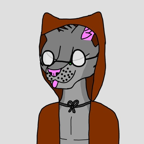 A gray anthropomorphic cat wearing glasses and a cloak and blepping with their eyes closed