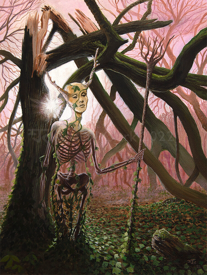 Forest Guardian (acrylics on cold-pressed watercolour block).  A Skeletal, horned female figure holding an upturned sapling like a staff stands in a forest in front of a cracked and fallen tree.  The ground is covered with ivy which is growing up and around the staff and the bones of the skeleton.  The forest is a misty russet red, and low sun dazzling behind the fallen tree.