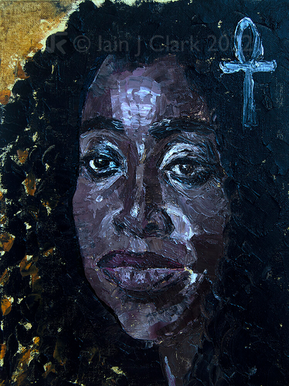 Kirby Howell-Baptiste as Death painted in oils with a palette knife. Close-up of her face looking contemplatively to our left against a yellow ochre background. Her skin is dark brown, her hair long, dark and fans out in tight curls. She wears black eyeliner. An ankh is drawn in the top right.