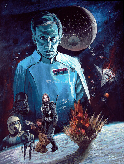 Rogue one cover for the Journey Planet fanzine.  Director Krennic looks over a planet erupting into a vast explosion. Over his shoulder looms the Death Star. Around him tiny x-wings and tie fighters battle, and two star destroyers collide. To the lower left are Jyn Erso, standing in an Imperial flight suit, and Cassian Andor, crouching with a gun. Beside them are the droid K-2SO and the heads of a Shore Trooper and a Death Trooper..