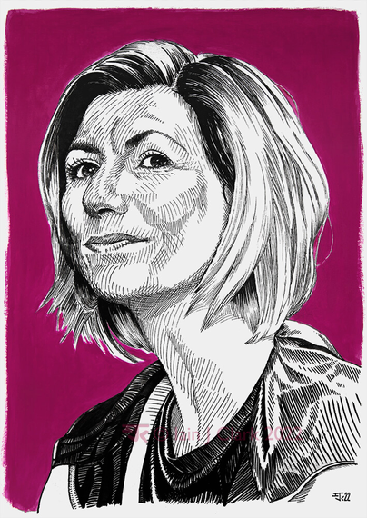 Black and white ink line drawing of Jodie Whittaker as the Doctor. Her chin is lifted, her gaze off the page, and she wears a small, satisfied smile. The background is solid magenta