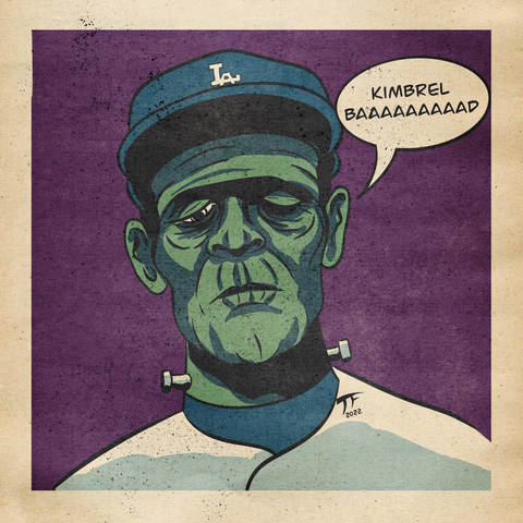 Drawing of Frankenstein's monster wearing Dodger gear saying Kimbrel bad.