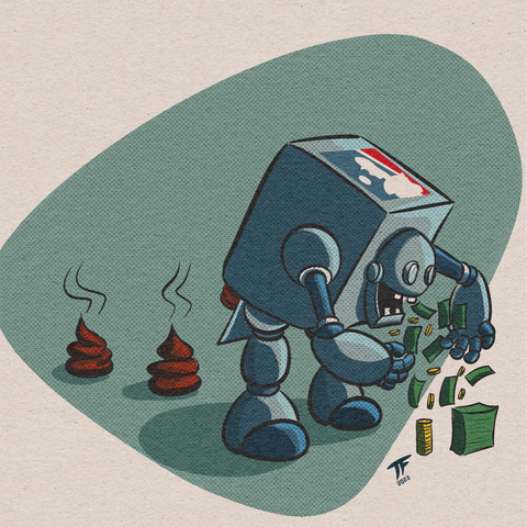 Robot with an MLB logo eating money and converting it into poop.