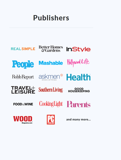 Screenshot of an image on the liked page, which lists logos of publications AdVon claims to be working with: REAL SIMPLE, Better Homes & Gardens, InStyle, People, Mashable, Hollywood Life, Robb Report, askmen, Health, TRAVEL+LEISURE, Southern Living, GOOD HOUSEKEEPING, FOOD&WINE, CookingLight, Parents, WOOD, PCMAG, "and many more..."