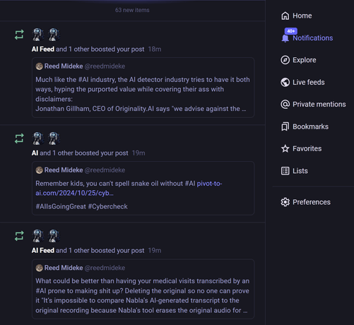 A screenshot of my notifications in the web interface, showing accounts with identical avatars named "AI" and "AI feed" have boosted a bunch of posts in a short time