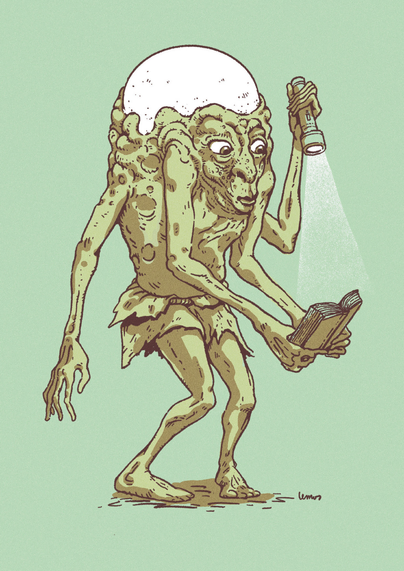 A strange humanoid creature with four arms and a gigantic pearl on their head, lighting a book woth a flashlight.