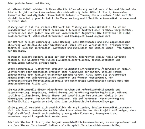 Erster Teil der E-Mail zur Vorstellung der Mastodon-Plattform olsberg.social bei den evangelischen und katholischen Kirchengemeinden in Olsberg.