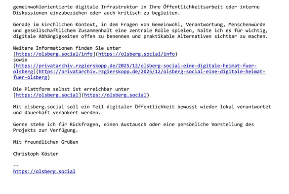 Zweiter Teil der E-Mail zur Vorstellung der Mastodon-Plattform olsberg.social bei den evangelischen und katholischen Kirchengemeinden in Olsberg.