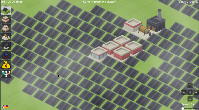 Screenshot from the game Sonnenwende, depicting solar panels, batteries, and hydrogen storage tanks.