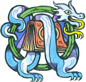 A drawn blueish wyrm, wyrming itself around a green circle (representing the sign of Odo from "The Dispossessed" and an orange book
