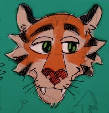 Drawing. A cartoonish face of a anthro tiger. The line is black ink and sketchy, the color is digital and blurry. You can see the pencil auxiliary lines and the paper texture. The character seems to be happy and peaceful.
