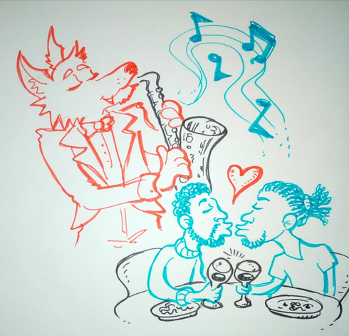 Cartoonish ink drawing in colors light-blue, reddish-orange and black, in white paper. A furry wolf, wearing a tuxedo, eyes closed, happly playing a saxophone, with musical notes flying around. In front of him, a restaurant table with two black young men, happy, eyes closed, making a toast with wine glasses and kissing. A heart flies around the couple. Is a romantic scene, could be a Valentine's Day dinner.