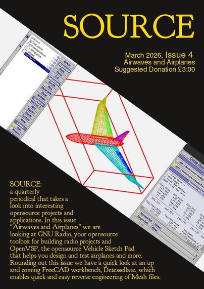 The cover of SOURCE magazine issue 4. The magazine text colour is yellow and the diagonal issue unique image across the diagonal is a screenshot of a airplane geometry in OpenVSP and opensource application by NASA. 