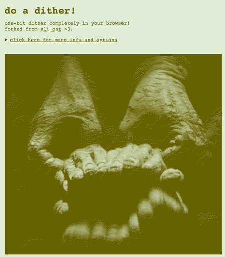 a screenshot of the dither tool with an image of the Helping Hands from Labyrinth, a freaky face formed by the hands of puppeteers, dithered in two shades of green.