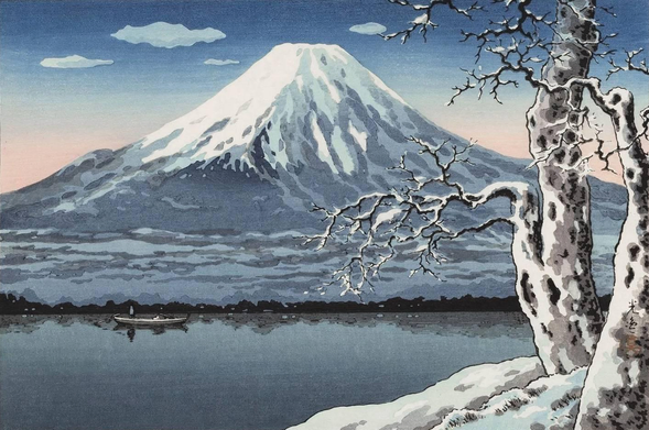 A view looking over the calm surface of Lake Yamanaka toward a snow-capped Mount Fuji, on a bright winter afternoon. In the foreground, a pair of wiry, leafless trees are rimed with frost and snow; beyond, a solitary pilot steers a small open boat across the still surface of the lake. Further on, Mount Fuji dominates the landscape. Above, a few faint clouds cross a crisp blue sky; closer to the horizon, the sky is tinted with the pale coral colour of an approaching sunset