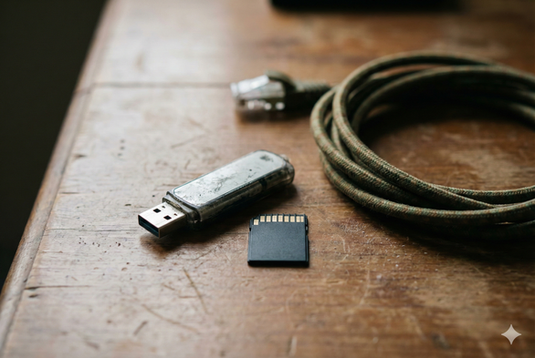A close-up photograph of a worn USB flash drive, a black SD card, and a coiled fabric ethernet cable resting on a scratched wooden table surface under soft natural light.