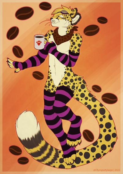 In fursuit sitting on a sofa holding a fuzzy purple heart and giant cup of coffee