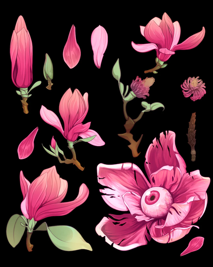 Drawings of stylized magnolias in different stages and angles. The bottom right magnolia is fully opened and has a pink eyeball in its center.