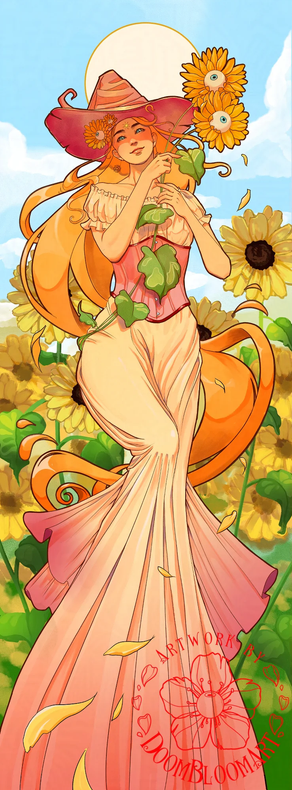 Art nouveau-style summery painting of a witch, peachy-pink and orange colored with a long dress standing on front of a field of sunflowers and holding sunflower bouquet (with eyeballs in the flowers)
