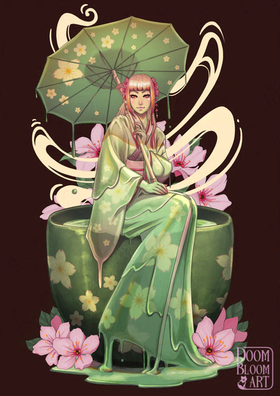 A liquid green-pink woman in a liquid kimono sitting on a tea cup filled with green tea, holding a green drippy parasol with cherry blossoms and stylized steam