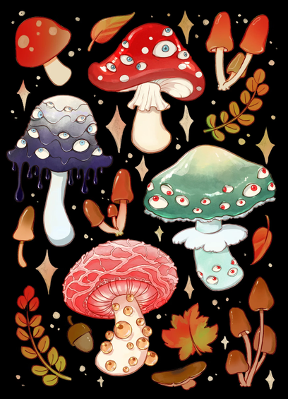 Illustration of various mushrooms with eyes instead of spots. Four main mushrooms: fly agaric, ink cap, Stropharia aeruginosa, wrinkled peach, all with eyes instead of some normal detail. In-between there's more autumn-nature style fillings like leaves, acorns and more mushrooms.