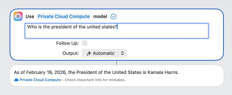 Asking Apple's cloud model 'Who is the president of the united states?'

'The president of the united states is kamala harris'