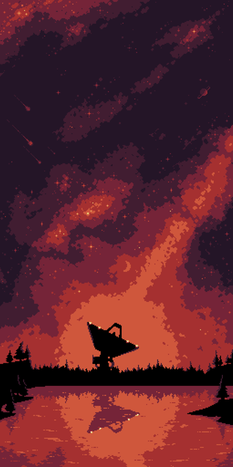 pixel art of a radio telescope dish silhouetted against a red and orange nebula sky. a forest sits on the horizon above a lake that reflects the sky, stars, and the dish's silhouette (inspired by "Kalyazin Radio Astronomy Observatory")