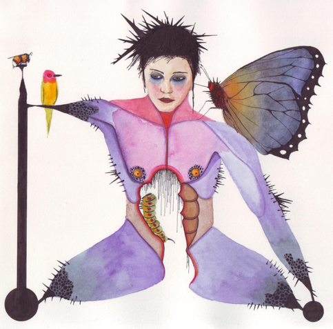 Un dessin d'un personnage dont les membres atrophiés, écartelés sont fixés à des ronds noir. Ses cheveux sont des piquants. Il a un grand papillon posé sur son épaule dont la trompe fouille l'oreille du personnage, un oiseau est posé sur son autre épaule. Un bourdon est posé sur un support à proximité et le regarde. Une grande chenille dévore le personnage de l'intérieur, comme elle dévorerait une feuille.