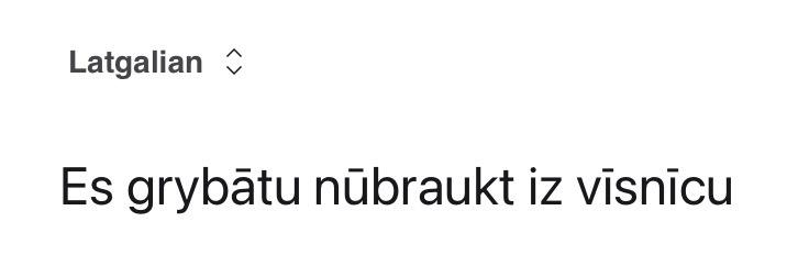 Kagi Translate screenshot, showing “i would like to go to the hotel” in “Latgalian”, as “Es grybātu nūbraukt iz vīsnīcu”.
