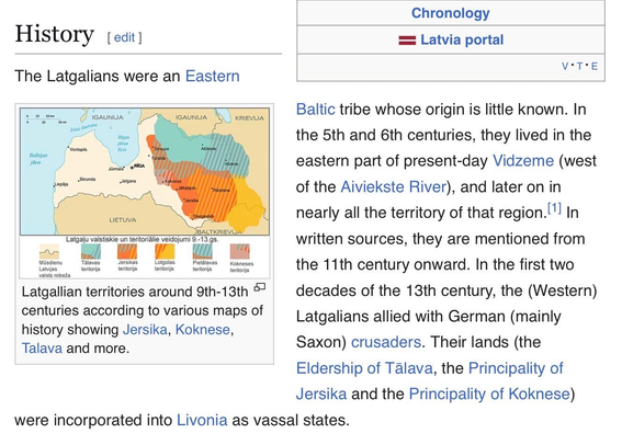 Screenshot of a section of the Wikipedia entry for Latgalians, which reads:

The Latgalians were an Eastern Baltic tribe whose origin is little known. In the 5th and 6th centuries, they lived in the eastern part of present-day Vidzeme (west of the Aiviekste River), and later on in nearly all the territory of that region.  In written sources, they are mentioned from the 11th century onward. In the first two decades of the 13th century, the (Western) Latgalians allied with German (mainly Saxon) crusaders. Their lands (the Eldership of Tālava, the Principality of Jersika and the Principality of Koknese) were incorporated into Livonia as vassal states.