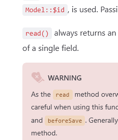 Screenshot from CakePHP framework's documentation, showing a corner of a warning infobox. The infobox is titled "Warning", and next to the title is pale red oven mitten icon.