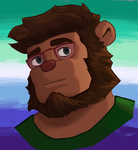 A picture of my fursona’s head a brown bearded bear wearing glasses and a green shirt 