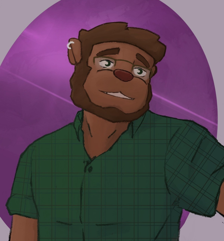 My Sone, a light brown anthro bear with a darker brown hair and beard (wich are both pretty short), a checked shirt, glasses and a silver earring in the right ear 
He have on arm a little higher than the other and is looking to the left a little