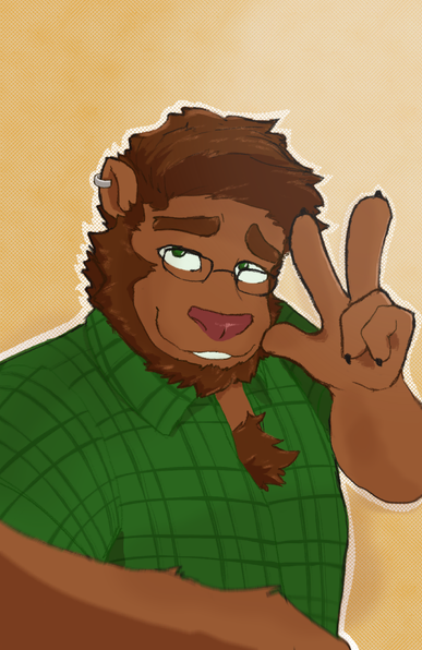 My Sona, a light brown bear with beard and darker hair taking a selfie from the phone point of view he have glasses and make a kinda peace sign with his free hand
