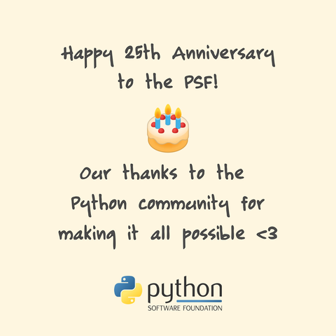 Light yellow background with the text "Happy 25th Anniversary to the PSF!" at the top, underneath is a birthday cake emoji, underneath that the text says 'Our thanks to the Python community for making it all possible <3" and at the bottom is the Python Software Foundation logo.