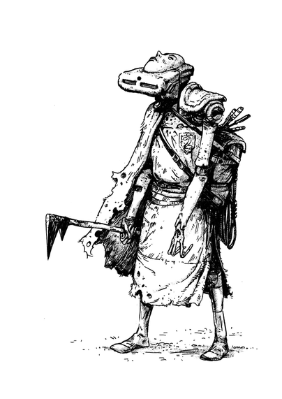 Drawing of a bio robot holding an axe, wearing a ragged cape and backpack, and a human mask on its head.