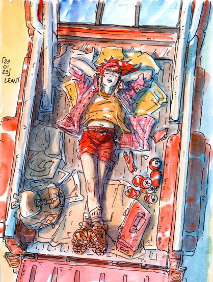 watercolour illustration of a young person laying in a pickup truck bed in the sunshine, vibing to music. They have long red hair (Jasper!) and red shorts and red shirt, there is kitkat warp and coca cola cans, the pickup truck is red too, but the shadow is blue.