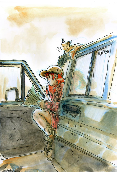 watercolor painting of a young red hair person (Jasper) wearing a hat and shorts, sitting at the driver's seat  of a car with the door open, consulting a map. On the roof of the car, an orange cat watches.
