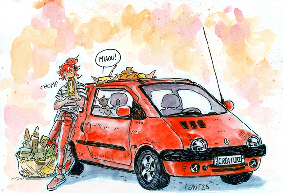 watercolor illustration of a red hair person (Jasper) in red skinny jeans and a mariniere, eating baguette leaning on a bright red renault twingo. From the passenger's seat a black cat meows in french, requesting some baguette
