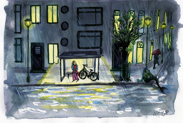 An illustration painted in an aquarelle technique with acrylic inks and black ink. You see a street corner at night in the rain. In the middle is a bus stop with a woman sitting on the bench, her bicycle next to her. The light of the us stop, the windows of the houses, and the street lanterns shines through the pouring rain. She waits until the shower is over. In the distance around the corner walks someone with an umbrella. On the ground at the corner, in the dark, sits a mermaid in the rain.