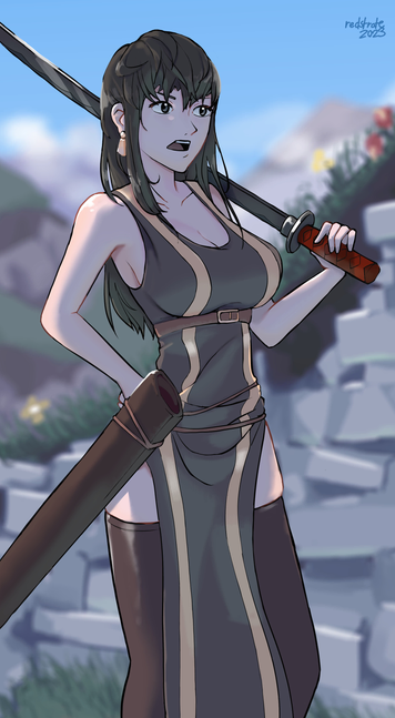 Artwork of a woman holding a sword behind her shoulder, and draped in a dress-like outfit. She has dark hair, and gold earrings. The background is filled with mountainous terrain, clouds, and old bricks.