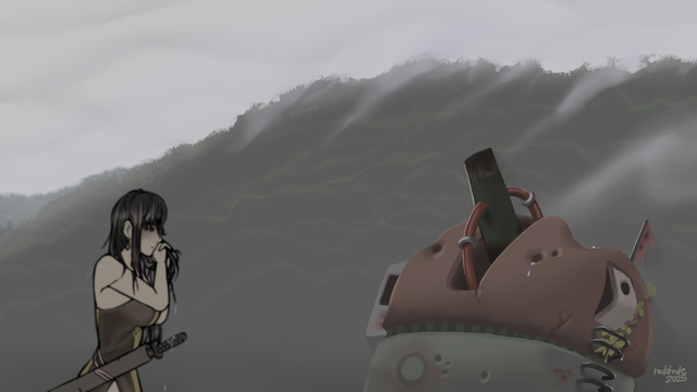 Drawing of a swordswoman walking along a clearing, with large tree-topped hills in the distance. She is trying to dry out her hair, with raindrops going everywhere. Between her and the distant terrain is a large unknown, mechanical weapon pointed straight into the sky. It's clearly been used, with large potholes covering it's metallic surface.
