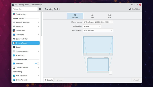 Screenshot of KDE Plasma System Settings, specifically the "Drawing Tablet" section. It has various tabs for Display, Pen and Pad settings - but the Display tab is currently selected. There is a nice diagram showing the relationship between your tablet and the screen.