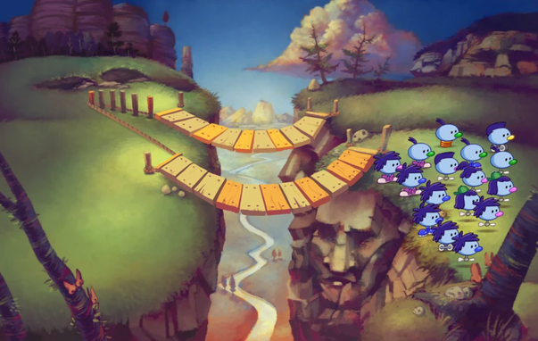 A screenshot from the remake version of "Logical Journey of the Zoombinis," showing a crowd of zoombinis on the righthand side of a chasm with two bridges crossing it. There are faces in the cliffs on the right side of the chasm.