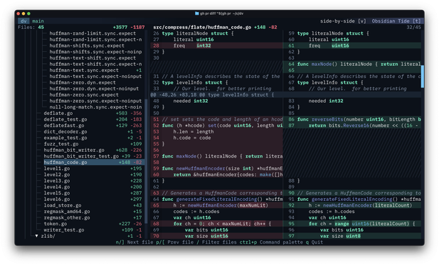 A screenshot of dv, a tool for browsing diffs in the terminal