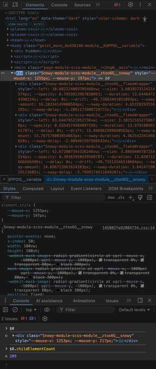 A screenshot of Chrome DevTools displaying HTML for numerous flake div elements, illustrating the use of the DOM to render particle effects. The console at the bottom shows that the parent container has a child element count of 209.